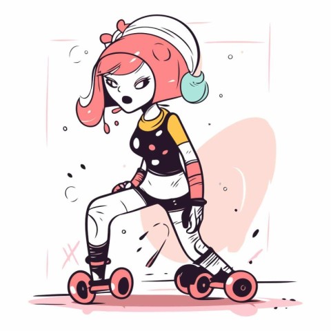 Funny cartoon girl rides on roller skates.