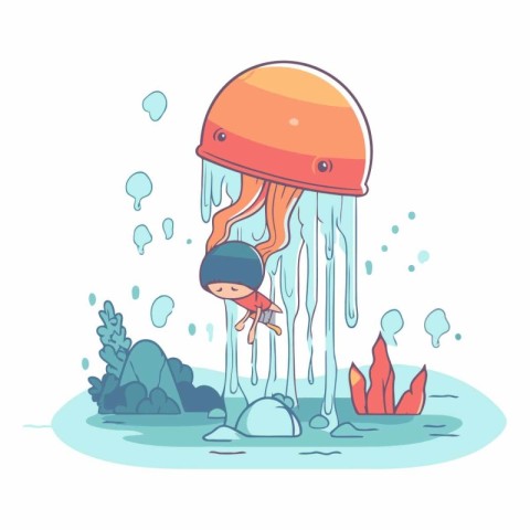 Cartoon vector illustration of a jellyfish in an orange helmet.