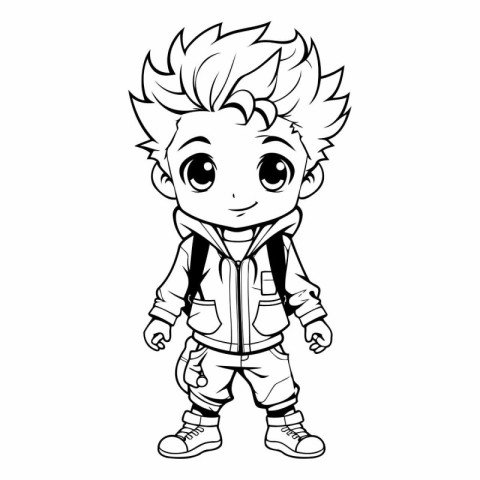 Cute little boy with backpack for coloring book.