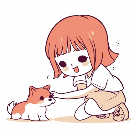 Illustration of a cute little girl playing with her cat and dog