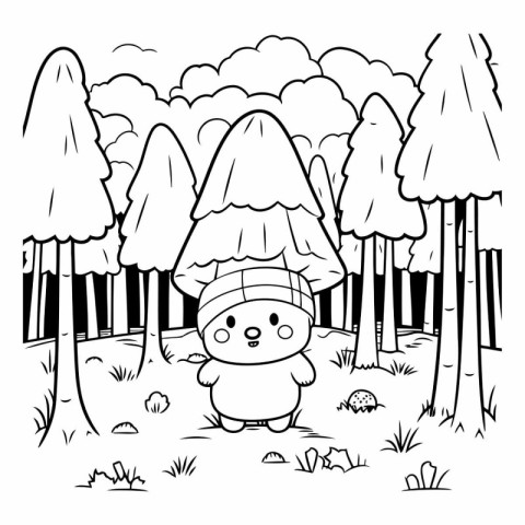 cute little snowman in the forest. black and white illustration