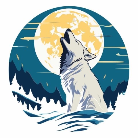 Wolf on the background of the mountains and the moon