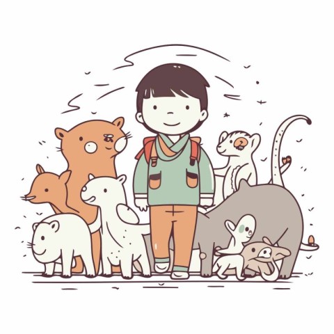 Little boy with a backpack and a group of animals