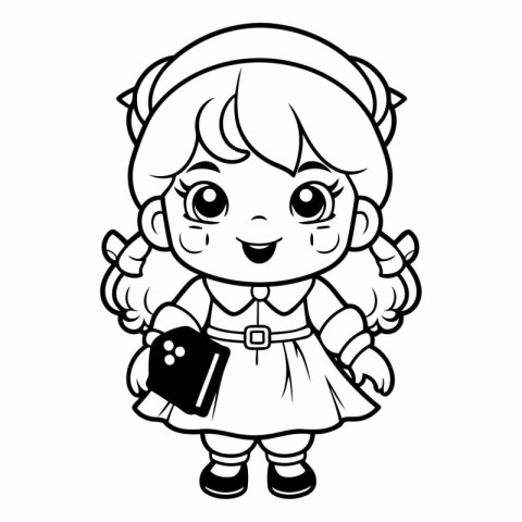 Black and White Cartoon Illustration of Cute Little Schoolgirl C