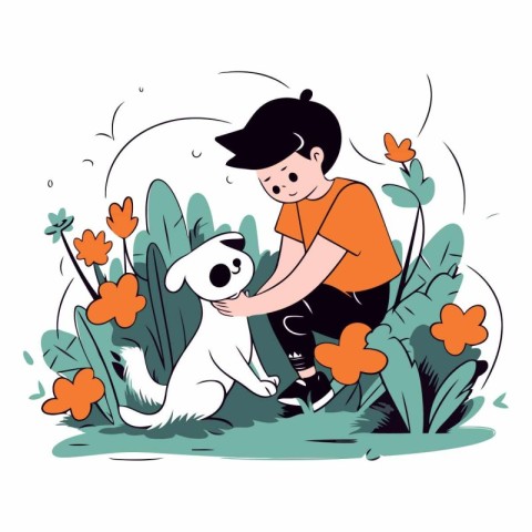 Boy playing with a dog in the garden. Cute cartoon vector illust