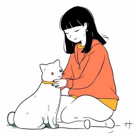 Illustration of a girl with a cat on a white background.