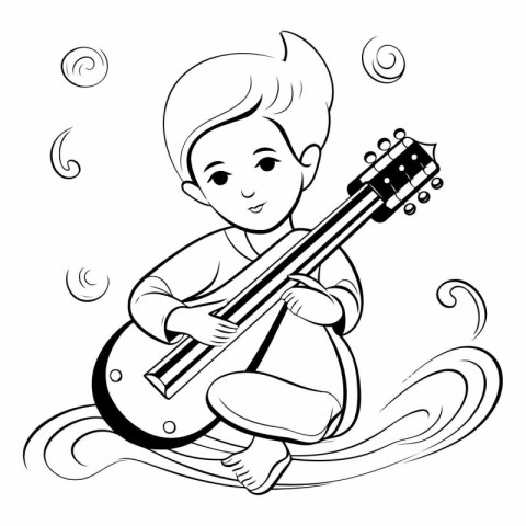 Little boy playing the guitar. Black and white vector illustrati