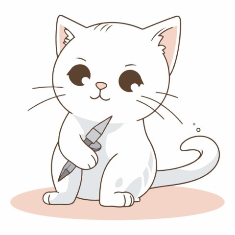 Illustration of a Cute White Cat Sitting with a Syringe