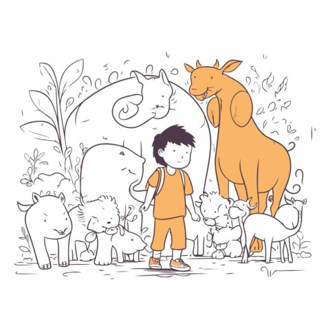 Cute little boy and farm animals. Hand drawn vector illustration