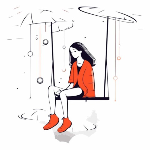 Vector illustration of a girl sitting on a swing. Girl in a red