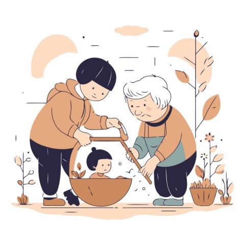 Grandmother and grandson cooking together in the garden.