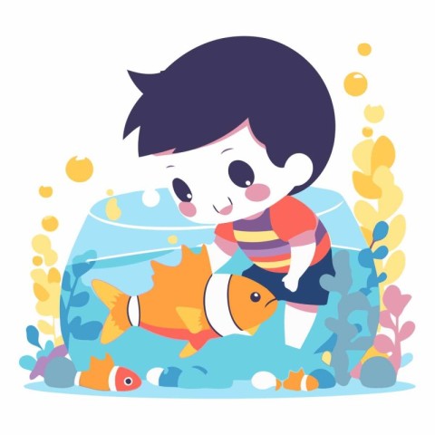 Cute boy playing with a goldfish in the aquarium. Flat style vec