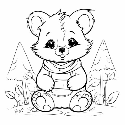 Cute little bear sitting in the forest. Coloring book for childr