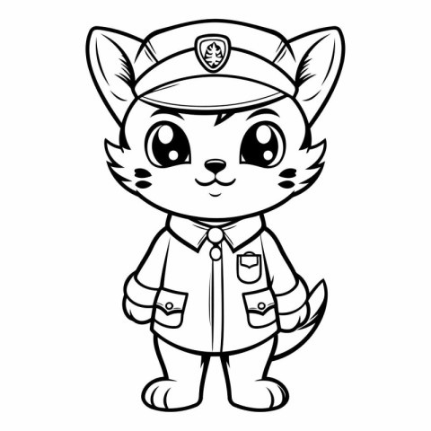 Black and White Cartoon Illustration of Cute Cat Captain Charact