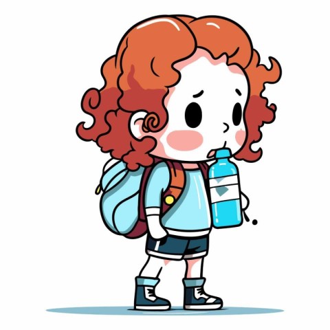 Illustration of a red-haired girl with a backpack and a bottle o