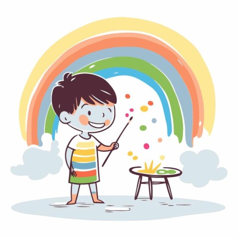 Boy painting a rainbow on a white background in cartoon style.