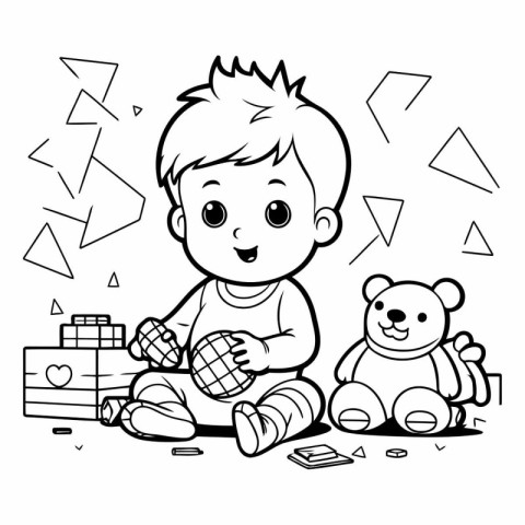 Cute little boy playing with toys for coloring book.