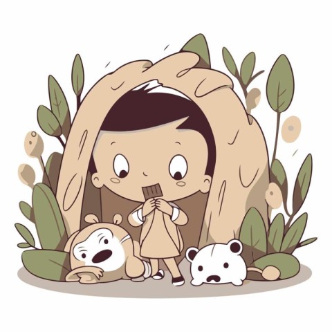 Vector illustration of a little boy with a bear in the cave.