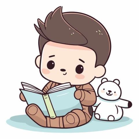 Cute boy reading a book and a polar bear.