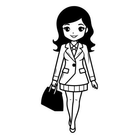 business woman with briefcase. black and white vector illustrati