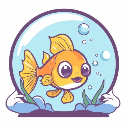 Cute cartoon goldfish in a glass aquarium.