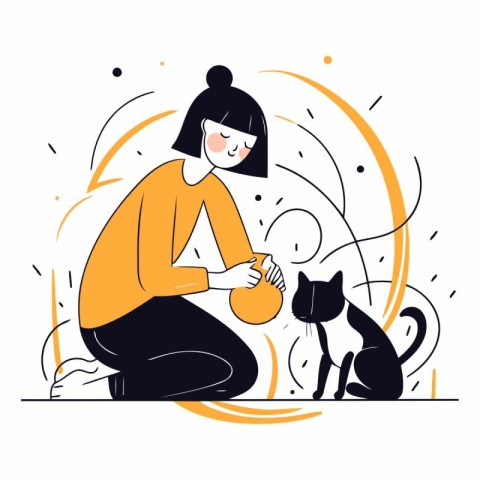 Vector illustration of a girl playing with a cat. Flat style.