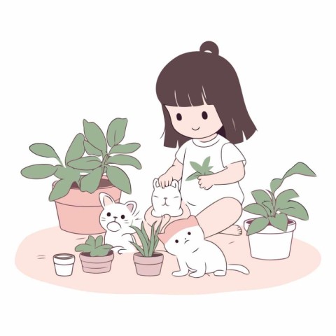 Vector illustration of a cute girl playing with cats and housepl