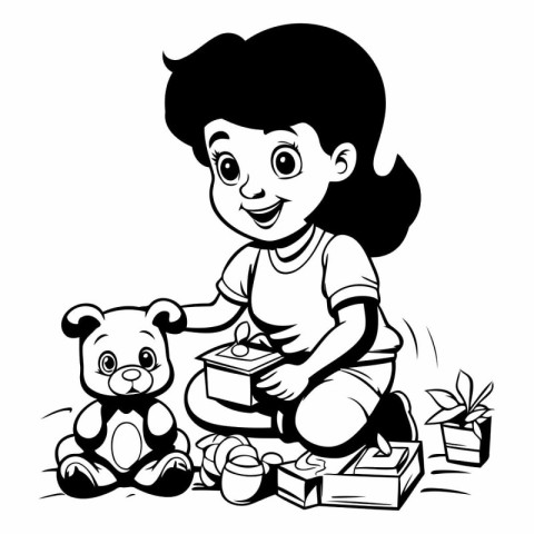 Girl playing with toys. black and white vector illustration for