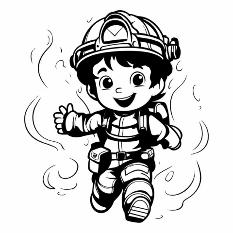 Cute boy in a firefighter suit and helmet.