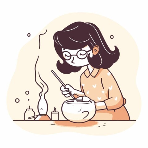 Woman making vase of incense in cartoon style