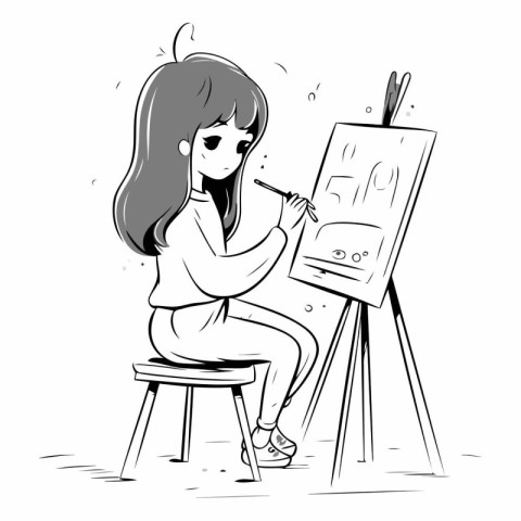 Girl drawing a picture on easel in sketch style.