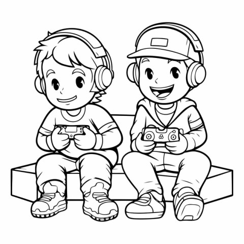 Black and White Cartoon Illustration of Kids Playing Videogames