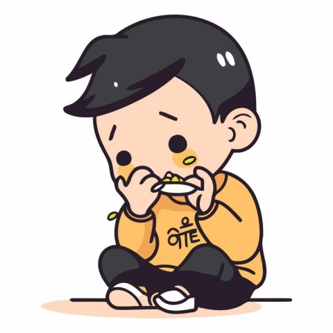 Cute boy sitting and eating ice cream. Vector cartoon illustrati