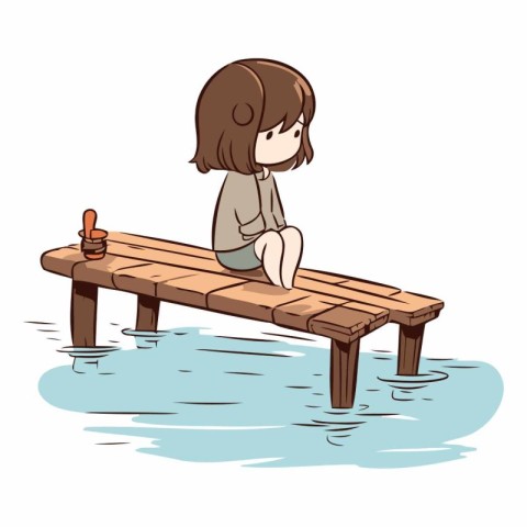 Girl sitting on a wooden bench by the lake.