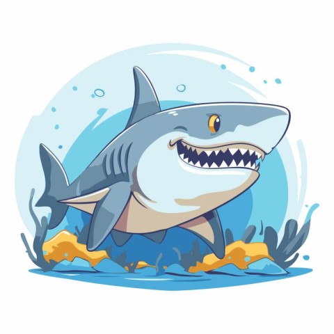 Cartoon shark on the background of the sea.