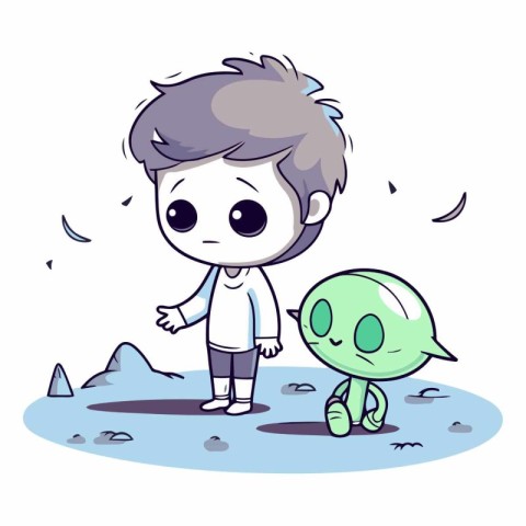 Little boy holding a green alien of a little alien.