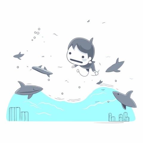 Illustration of a boy drowning in the sea with sharks around him