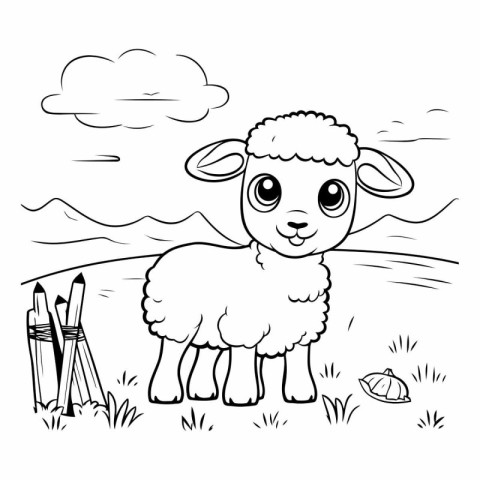 Cute sheep on the meadow. Coloring book for children.