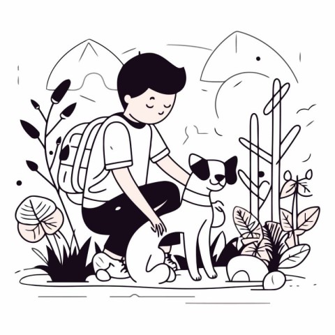 Boy and dog in the park in doodle style