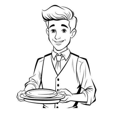 Waiter with a tray of food cartoon isolated vector illustration