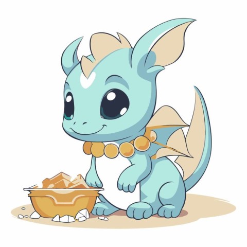 Vector illustration of a cute cartoon dragon eating ice cream fr