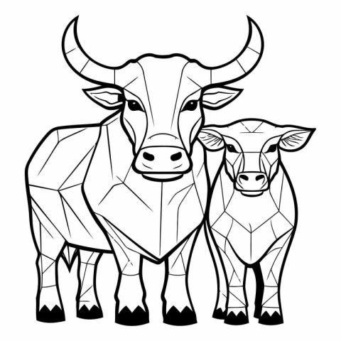 Black and white illustration of a cow and calf. Line art.