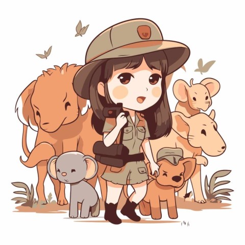 Illustration of a cute girl in safari costume with her animals