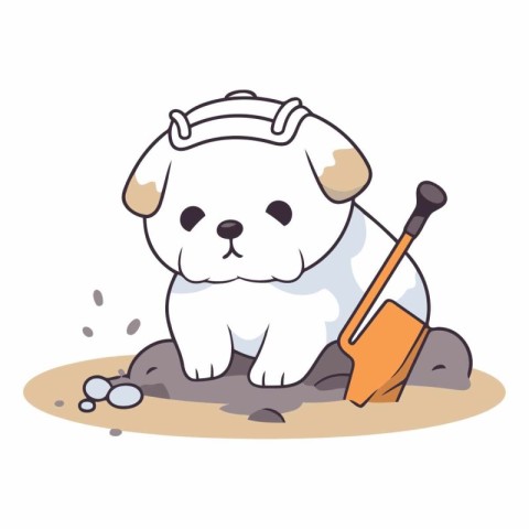 Illustration of a cute dog digging a hole with a shovel.