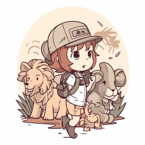 Illustration of a Little Girl Wearing a Safari Gear Walking with