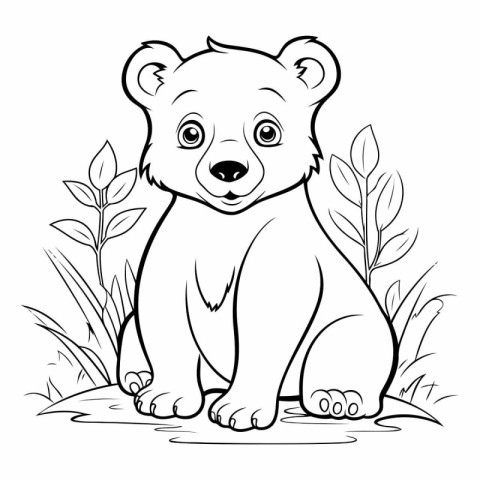 Coloring book for children: cute bear sitting in the grass.