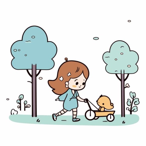 Cute little girl walking with her dog in the park.