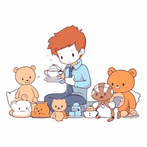 Boy playing with teddy bears in cartoon style.