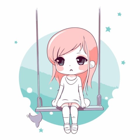 Cute little girl sitting on a swing in cartoon style.