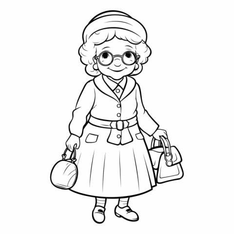 Outline illustration of a happy grandmother with a bag and glass